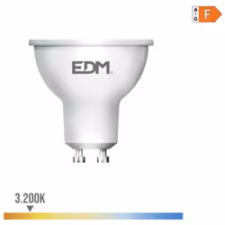 Spot LED GU10 5W lumière équivalente à 35W. Teinte de lumière : Blanc Chaud 3200K - angle d'éclairage à 120°. Flux lumineux d ...