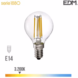 Ampoule LED E14 4W lumière équivalente à 35W. Teinte de lumière : Blanc Chaud 3200K - angle d'éclairage à 300°. Flux lumineux ...