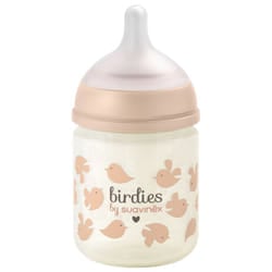 Suavinex Birdies Biberon Verre Tétine Symétrique Débit Extra Lent 120 ml 0 Mois et + - Couleur : Rose