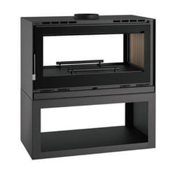 Poele cheminee double face en acier sur bucher avec turbines, foyer en vermiculite, verre serigraphie - couleur noir - Made in Spain