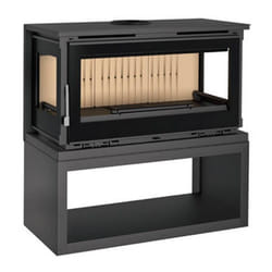 Poele cheminee 3 cotes vitres en acier sur bucher avec turbines, foyer en vermiculite, verre serigraphie - couleur noir - Made in Spain