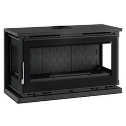 Poele cheminee a suspendre, 3 cotes vitres, avec turbines, foyer en fonte, verre serigraphie - couleur noir - Made in Spain