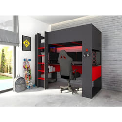 Lit mezzanine gamer NOAH avec bureau et rangements intégrés - 90 x 200 cm - Avec LEDs - Anthracite et rouge