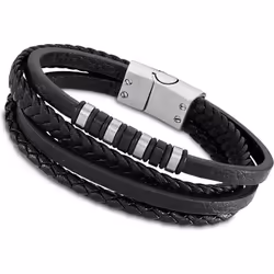 Bracelet - LOTUS - Multi-lien - Cuir noir - Acier inoxydable - 23cm