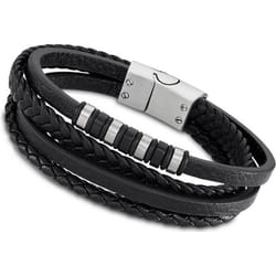 Bracelet - LOTUS - Multi-lien - Cuir noir - Acier inoxydable - 23cm