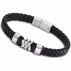 Bracelet homme - Lotus - Acier inoxydable - Cuir noir tressé - Longueur 23 cm