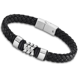 Bracelet homme - Lotus - Acier inoxydable - Cuir noir tressé - Longueur 23 cm
