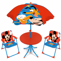 Set de jardin - Mickey, Donald, Dingo Ensemble de table (50x50x48cm), 2 chaises (38x32x53cm) et un parasol (diamètre 110cm).  ...