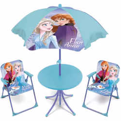 Set de jardin - Disney La Reine des Neiges II Ensemble de table (50x50x48cm), 2 chaises (38x32x53cm) et un parasol (diamètre  ...