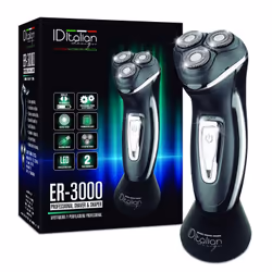 PostQuam IDESH312A, Rasoir rotatif, Noir, Bleu, Chrome, Batterie, Chargement, Boîte, Italie