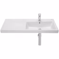 ROCA présente le lavabo en porcelaine à poser ou à suspendre. Disponible avec étagère à gauche ou à droite. Selon vos besoins ...