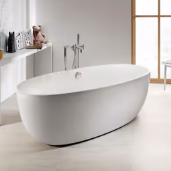 Présentation Baignoire en îlot 1 pièce en acrylique elliptique blanc de la marque Roca. Capacité : 192 litres jusqu'au trop p ...