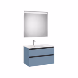 Présentation Pack meuble "The Gap" 800 - 2 tiroirs + lavabo slim gauche + miroir LED - bleu mat/ poignées noires Dimensions : ...