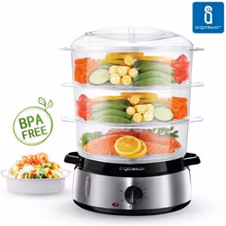 Aigostar Fitfoodie Steel 30INA - Cuiseur vapeur électrique 0% BPA 800W. Minuterie 3 niveaux indépendants. Design exclusif.