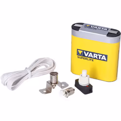 COMPOSITION DU KIT VARTA. CRAFTS: BATTERIE VARTA + CABLE PARALLELE 1m + 1 INTERRUPTEUR + 1 DOUILLE MIGNONNETTE + 1 AMPOULE 3. ...