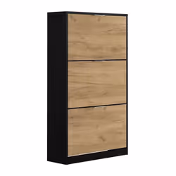 Meuble a chaussures avec 3 portes battantes fabriqué en melamine noir pour le corps du meuble et mélamine chene pour les port ...