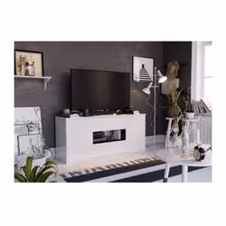 Meuble TV Star 150cm fabriqué en mélamine blanc brillant et gris. Plateau 22mm. 2 portes - 2 tiroirs
