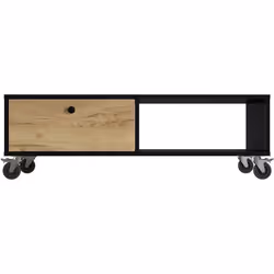 Table basse JONES - Décor noir et chêne - Style industriel - Sur roulettes - 1 tiroir - L 110 x P 55 x H 38 cm