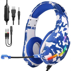 DAM. Casque haut de gamme ultra-flexible J10. 13 lumières FULL RGB. Casque gaming avec microphone, connexion minijack. 19x8x18cm. Bleu camouflage.