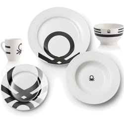 Benetton - Set 26 pièces de vaisselle avec logo en noir, en faïence : 18 pièces de vaisselle (6 assiettes (assiette plate, assiette creuse et