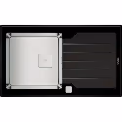 Teka Diamond RS15 1C 1E 86, Evier à poser, Rectangulaire, Acier inoxydable/verre, Noir, 1 bols, Carré