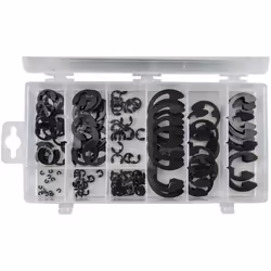 Boîtier avec 150 pièces d’anneaux de retenue de type « E ». Comprend: M1.5 - 1/16" (15 pièces) M3 - 1/8" (15 pièces) M5 - 3/1 ...