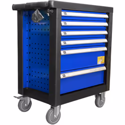Chariot à outils avec 6 tiroirs, bleu. MESURES EXTERNES : 900 mm de haut x 765 mm de large x 460 mm de long PETITS TIROIRS (x ...