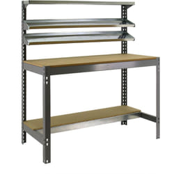 Etabli d'Atelier avec 3 Étagères Supérieures, Capacité de Charge 600 kg, 1445x1210x610 mm, Table de Travail Bricolage, Gris/Bois - Bt-1 - Simonrack