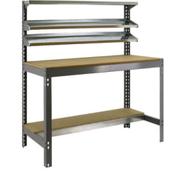 Etabli d'Atelier avec 3 Étagères Supérieures, Capacité de Charge 600 kg, 1445x1510x760 mm, Table de Travail Bricolage, Gris/Bois - Bt-1 - Simonrack