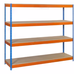Étagère en métal de couleur BLEU/ORANGE/BOIS sans vis avec une capacité de charge par étagère de 600 kg Il a 4 hauteurs Il co ...