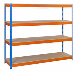 Étagère en métal de couleur BLEU/ORANGE/BOIS sans vis avec une capacité de charge par étagère de 600 kg Il a 4 hauteurs Conti ...