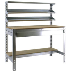 Simonrack - Etabli d'Atelier avec Tiroir à Glissières Télescopiques, Capacité de Charge 600 kg, 1445x1510x760 mm, 3 Étagères Supérieures, Table de Travail Bricolage, Galvanisé/Bois - Bt-1