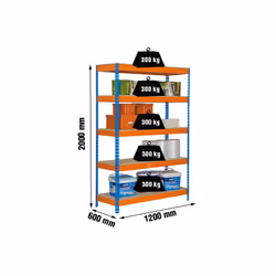 Étagères métalliques sans vis et couleur bleu/orange/bois et une capacité de charge max par plateau de 300 kg. le nombre de p ...