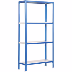 Étagère en métal de couleur BLEU/BLANC sans vis avec mesures (hauteur x largeur x longueur) 1600x800x400 mm Il dispose de 4 é ...