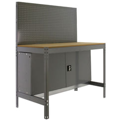 Etabli d'Atelier avec Armoire, Capacité de Charge 600 kg, 1445x1210x610 mm, Table de Travail Bricolage, Gris/Bois- BT-2 - Simonrack