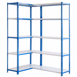 Étagère en métal en forme de L sans vis, de couleur BLEU/BLANC. Il dispose de 10 étagères Les dimensions de cette étagère son ...