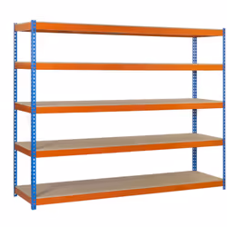 Étagère en métal de couleur BLEU/ORANGE/BOIS sans vis avec une capacité de charge par étagère de 600 kg Il a 5 hauteurs Il co ...