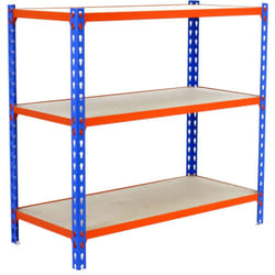 SIMONCLICK étagère en métal sans vis avec 3 étagères (90x110x40cm) BLEU-ORANGE ET BOIS
