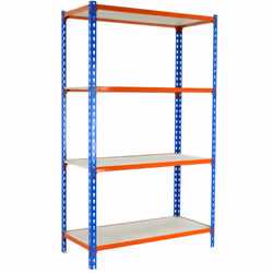 Étagère en métal de couleur BLEU/ORANGE/BOIS sans vis avec une capacité de charge par étagère de 150 kg Le nombre d’étagères  ...