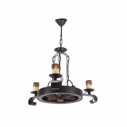 Lampe rustique of three lights ofthe RUEDA series de couleur BRUN RUSTIQUE. Fabriquées en métal et roue derésine, avec suppor ...