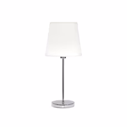 Lampe de table de la série MALDIVAS en couleur CHROME/BLANC. Fabriquée en textile et métal. Elle est équipée d'une douille E1 ...