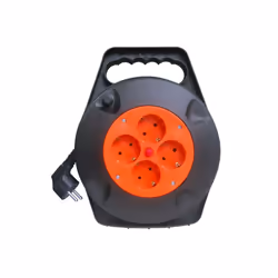 Enrouleur de câble multiple avec 4 fiches et thermostat de Safety, couleur BLACK/ORANGE, avec 5 mètres de cable flexible de 3 ...