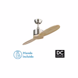 Ventilateur LESTE sans lumière, en métal et bois, couleur nickel satiné avec deux pales de couleur hêtre. Moteur DC de cinq v ...