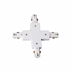 Connecteur sous forme de deequis pour spots de rail en noir. Sa connexion est bifilaire et permet de connecter 4 rails en mêm ...