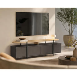 Meuble TV HINOA – Chêne & Noir – Plateau surélevé avec niche 4 portes – 160 x 39 x 495 cm