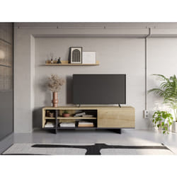 Meuble TV CEQUOIA - Chêne & Noir - 1 porte 4 niches - 160 x 356 x 44 cm