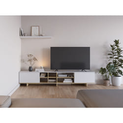 Meuble TV CEQUOIA – Coloris chêne & blanc – 2 portes abattantes et 6 niches – 230 x 356 x 44 cm