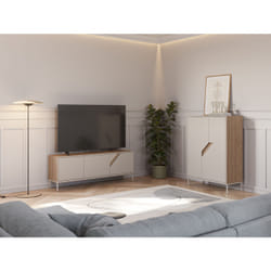 Meuble TV LILOU - Chêne Artisan & Crème - 3 portes - 150 x 35 x 55 cm