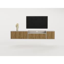Meuble TV PINELLA – Crème & Chêne Foncé – 3 portes battantes 1 porte abattante – 200 x 35 x 37 cm