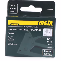 Agrafes numéro 3 de 8mm 1000 unit Gg308 mota. . . Matériau : Métal Indice de Protection IP : IP20 Certification : CE Garantie ...